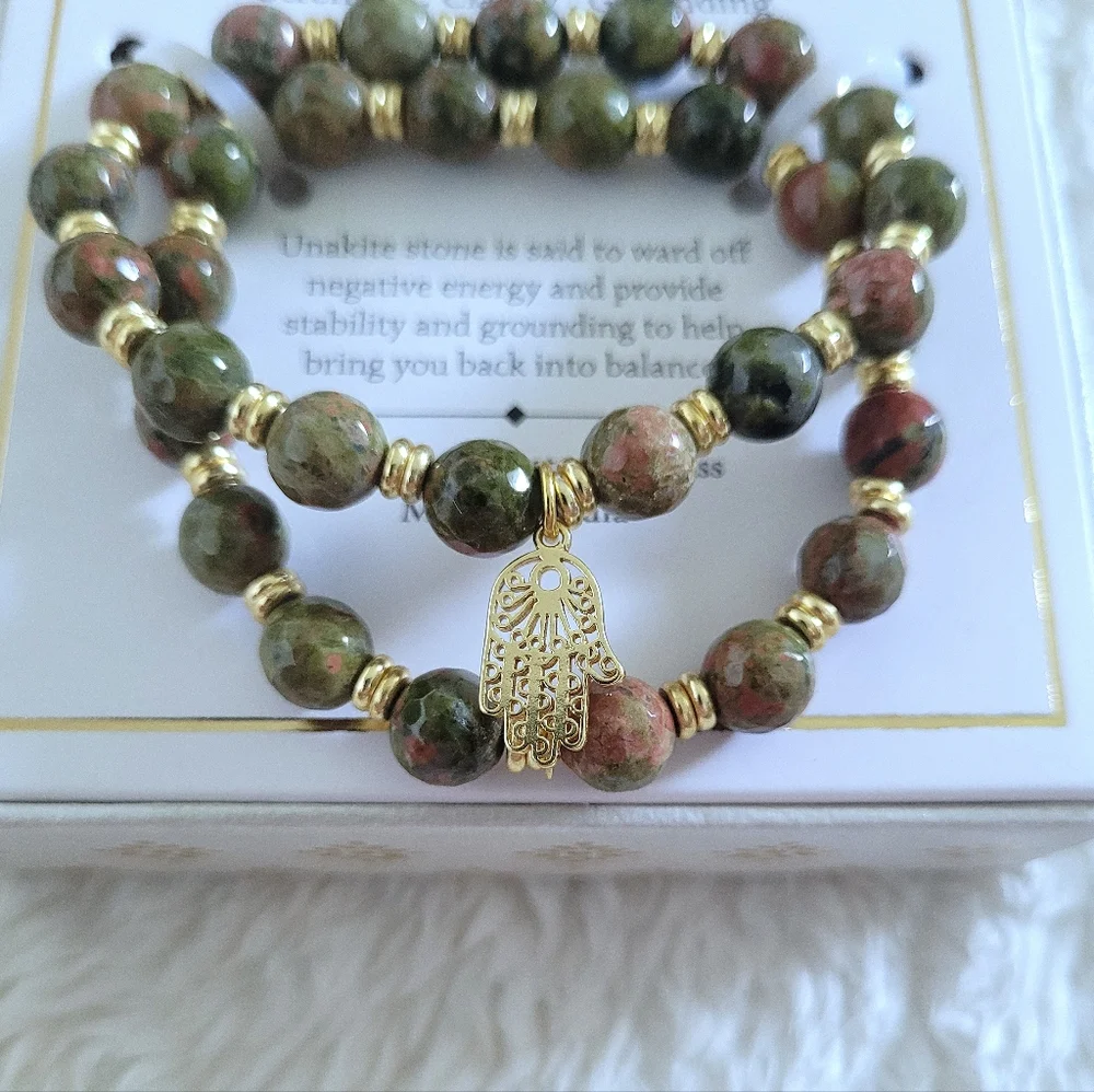 Shivam Unakite Stretch Bracelet Duo✌️ with Hamsa🤚Charm - NIB - Picture 10 of 15